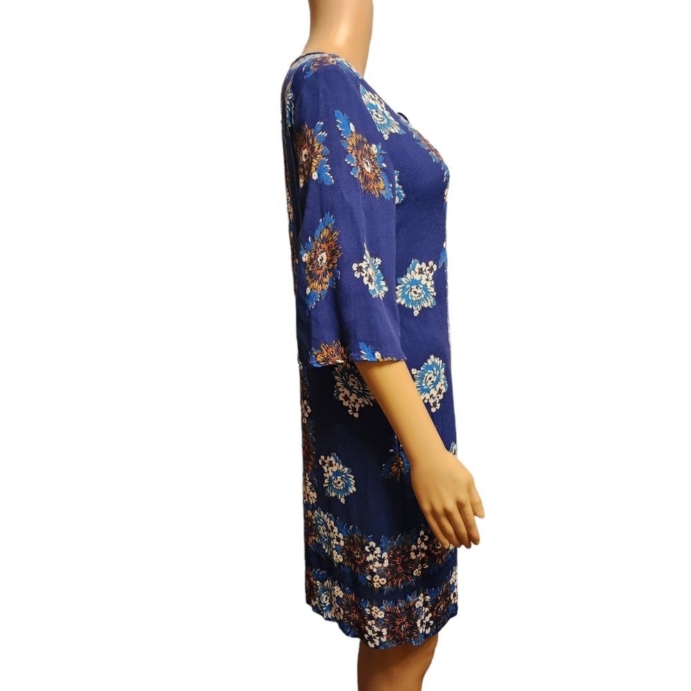 Ella Moss Blue Floral Shift Dress 3/4 Length Sleeves Size M - Picture 4 of 14